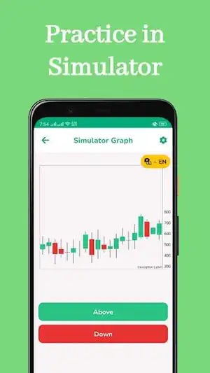 Store graphic titled Practice in Simulator. The phone shows a candlestick chart with an Above button and a Down button.