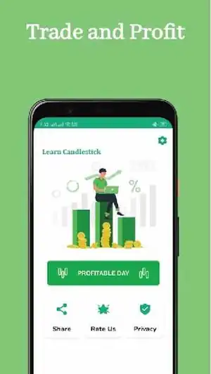 Store graphic for the home screen: a phone on a green field titled Trade and Profit, showing the Learn Candlestick home with a Profitable Day button.